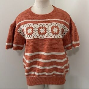 Bibi XL Orange Crochet Granny Square Flutter Sleeve Sweater Top Boho Y2K Retro